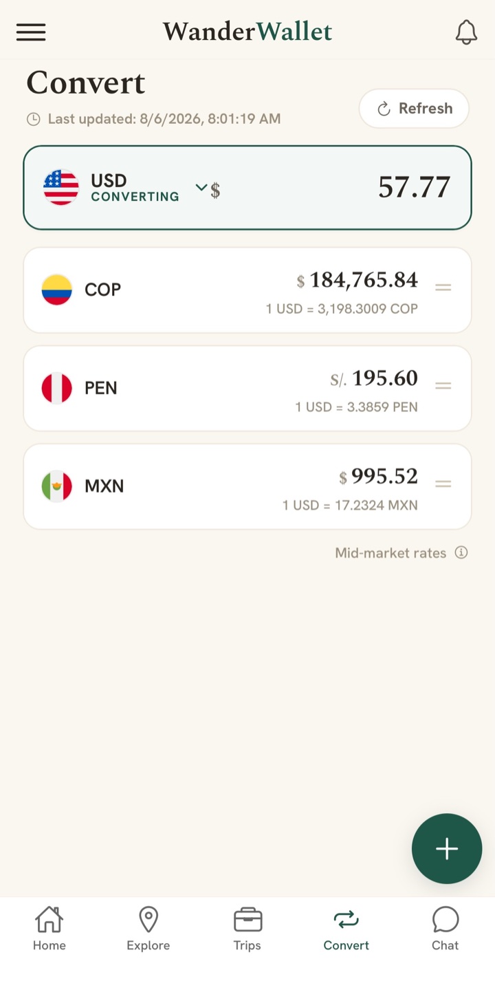 Wander Wallet multi-currency converter showing live mid-market rates