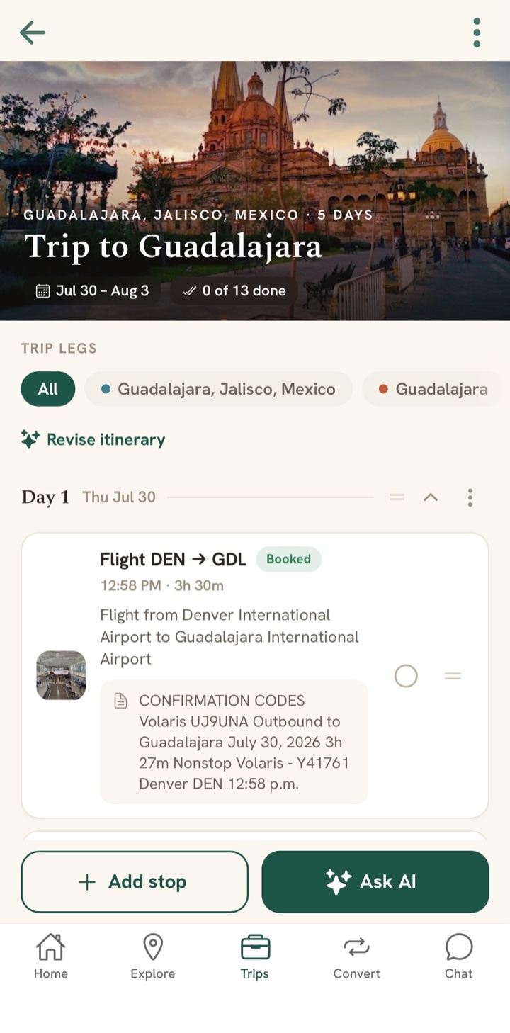 Wander Wallet itinerary: Trip to Guadalajara, a five-day plan with a booked flight, revise-itinerary and Ask AI actions