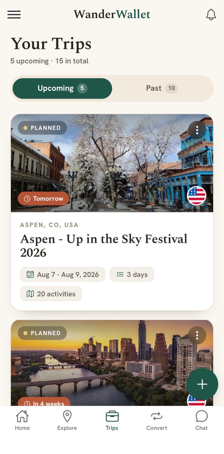 Wander Wallet trips list showing upcoming and past trips